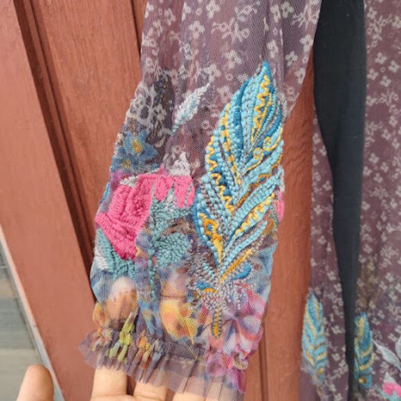 BIYA JOHNNY WAS | Sheer Mesh Floral Embroidered Balloon Sleeve Brown Dress S - Picture 9 of 16